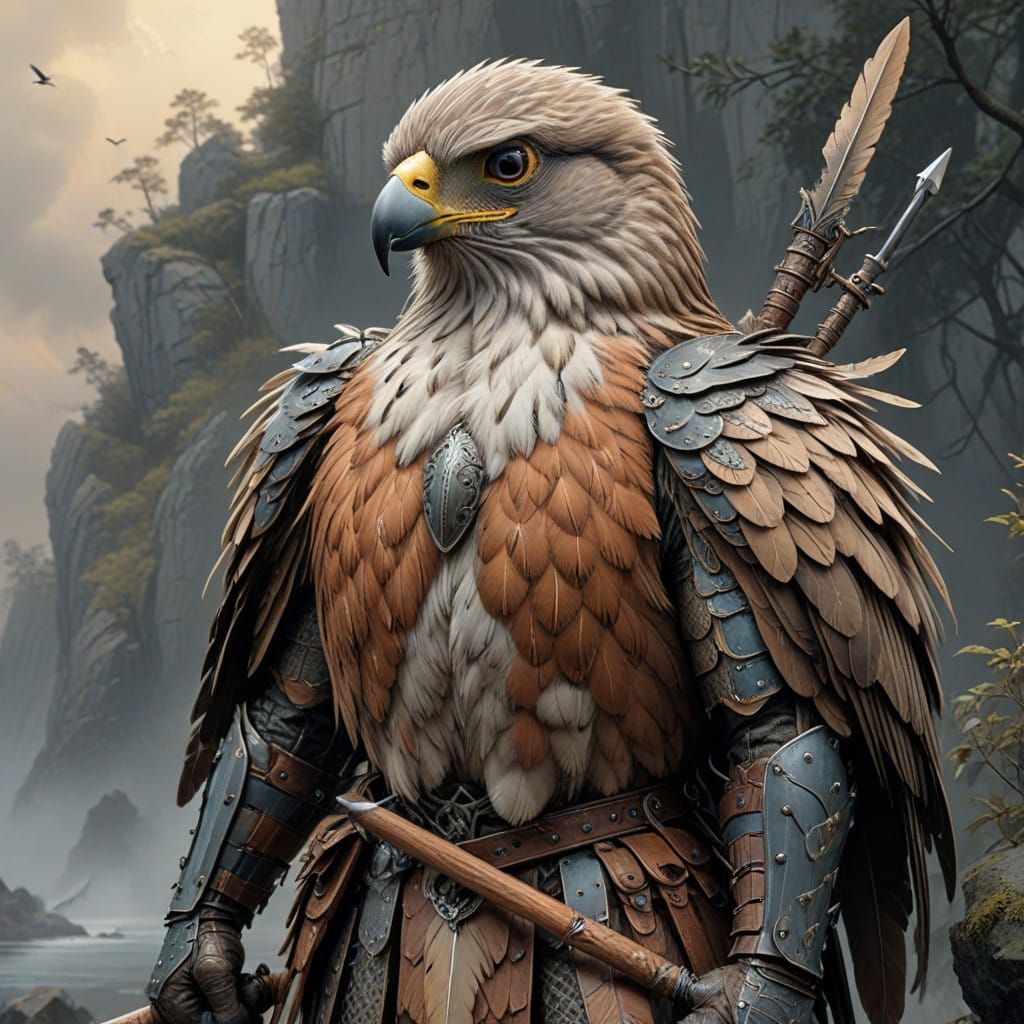 Medieval Hawk in Regal Armor, Set Against a Dramatic Landsca...