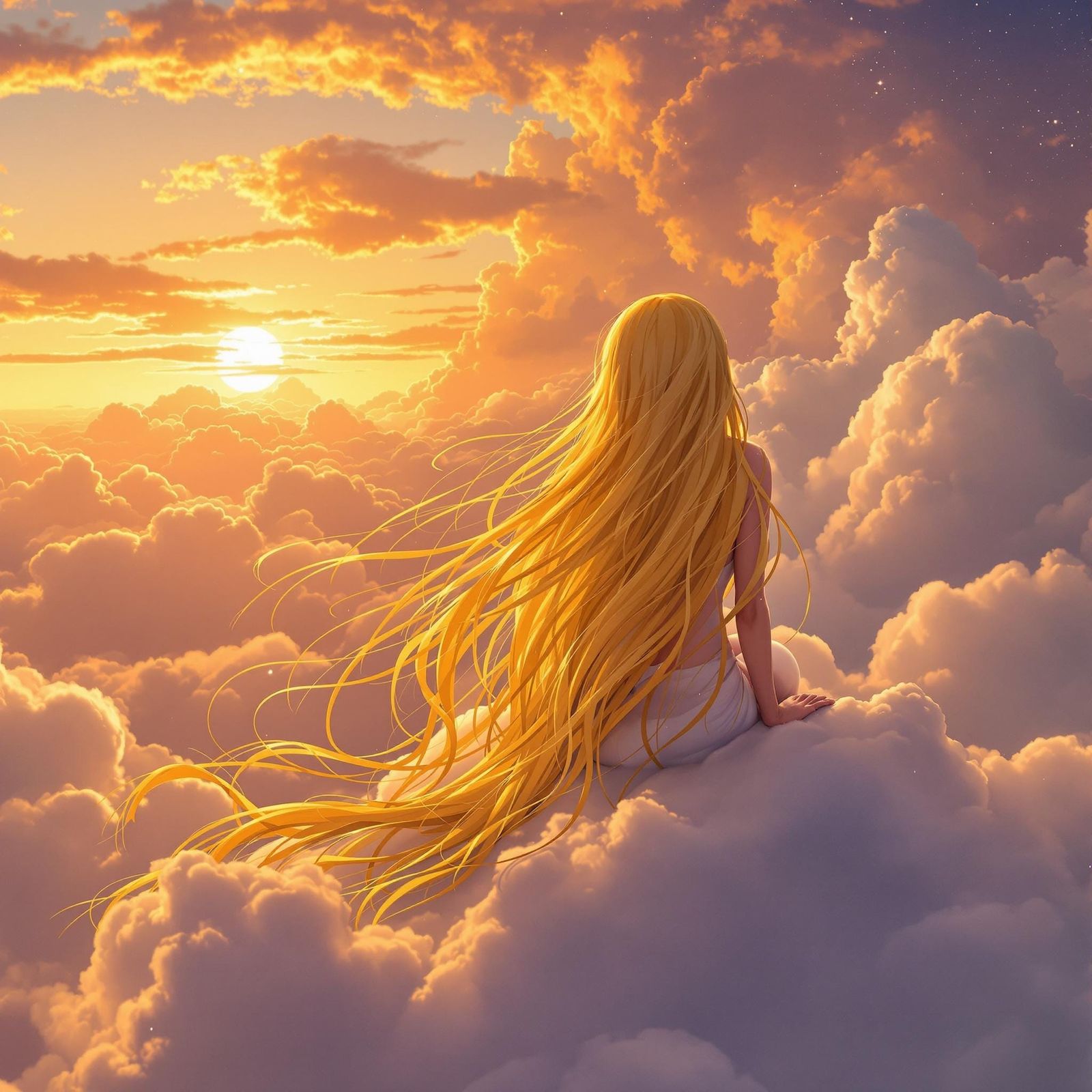 Long Haired Girl in Sunset Cloudscape