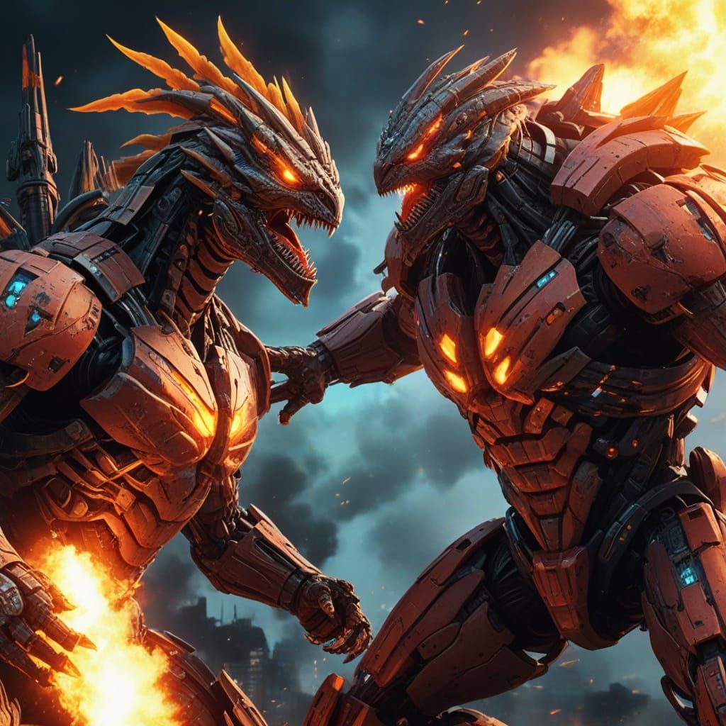 Kaiju and Jaeger Mech Anime Battle in Neon Lights