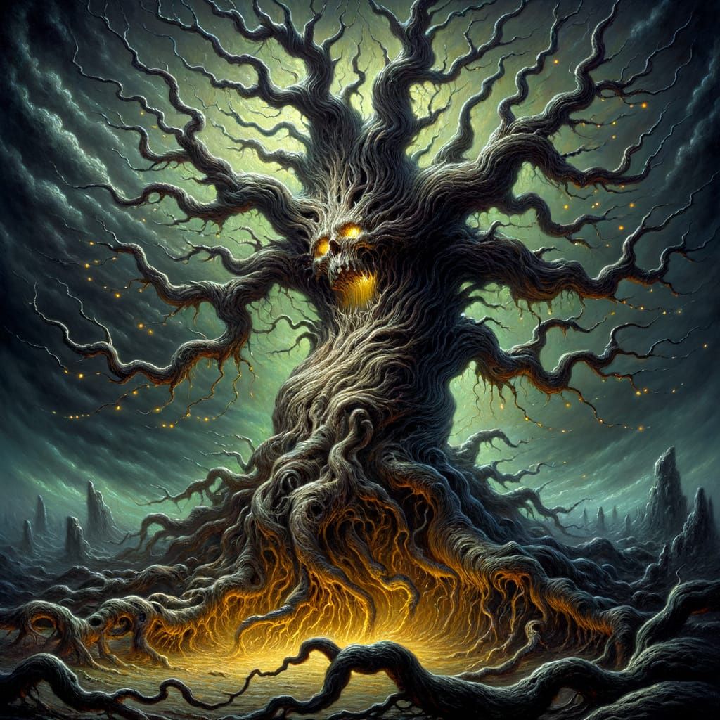 Haunted Ancient Tree with Vines in Gothic Style