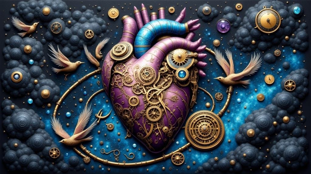 Clockwork Heart in Dreamlike Cosmic Nebula