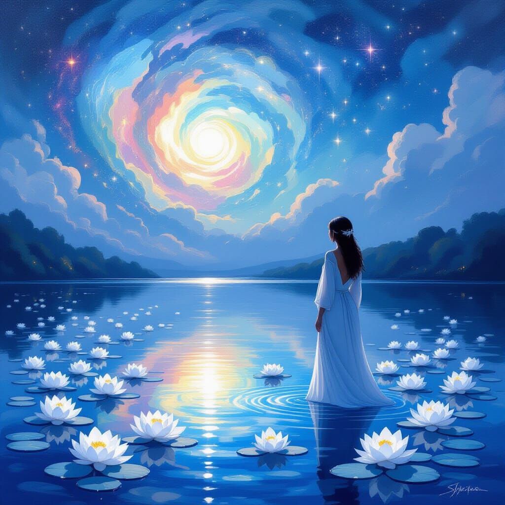 Celestial Fantasy: Woman by Bioluminescent Lake