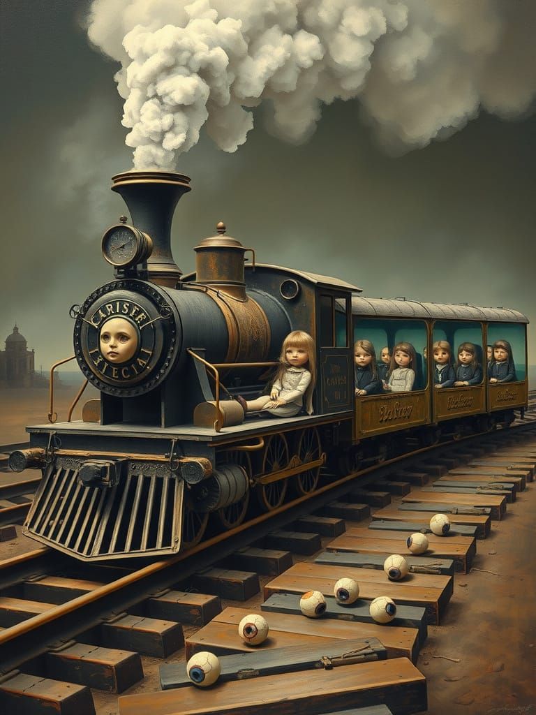 Surreal Steam Locomotive in Dreamscape, Oil on Canvas