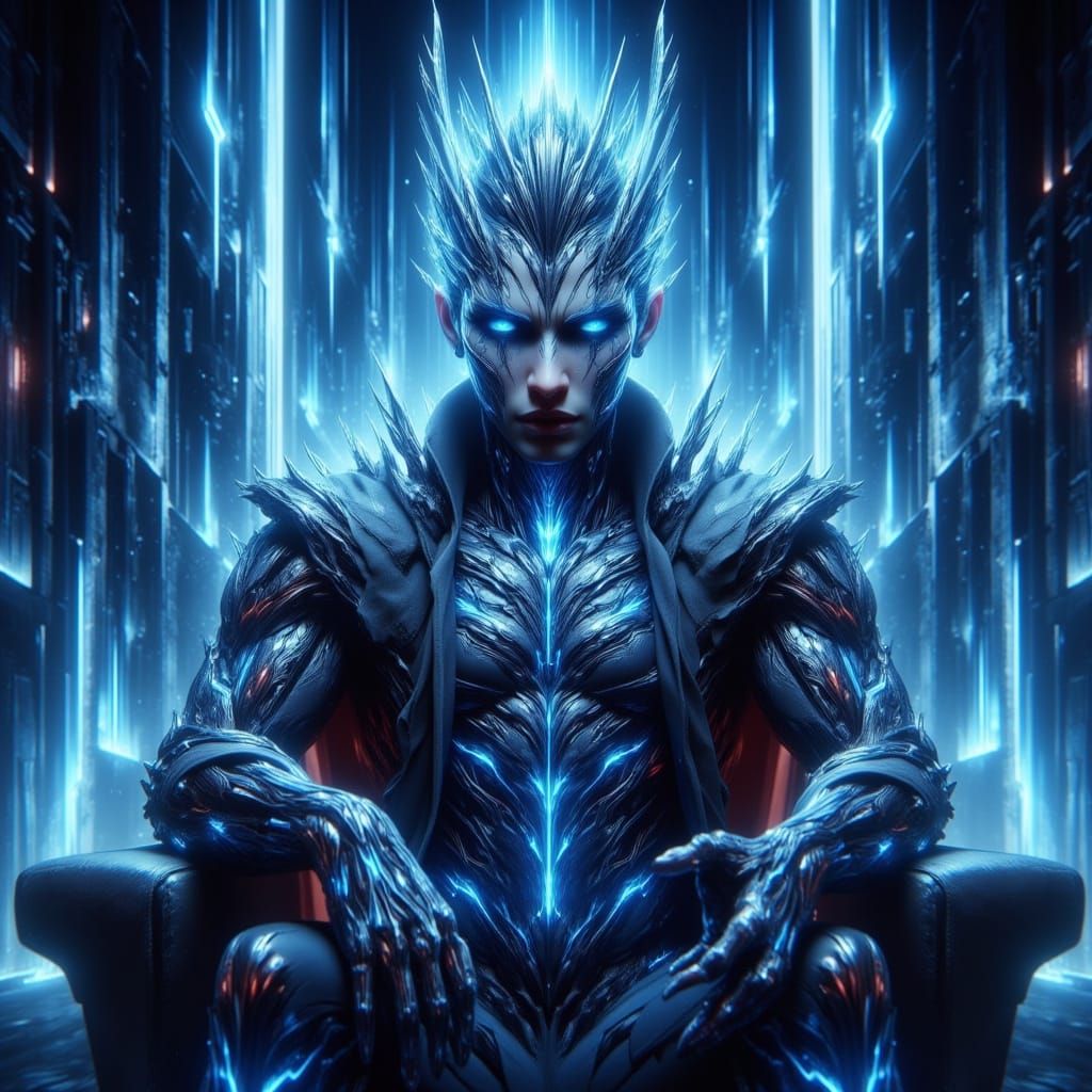 Futuristic Queen on Luminous Throne in Cyberpunk Style