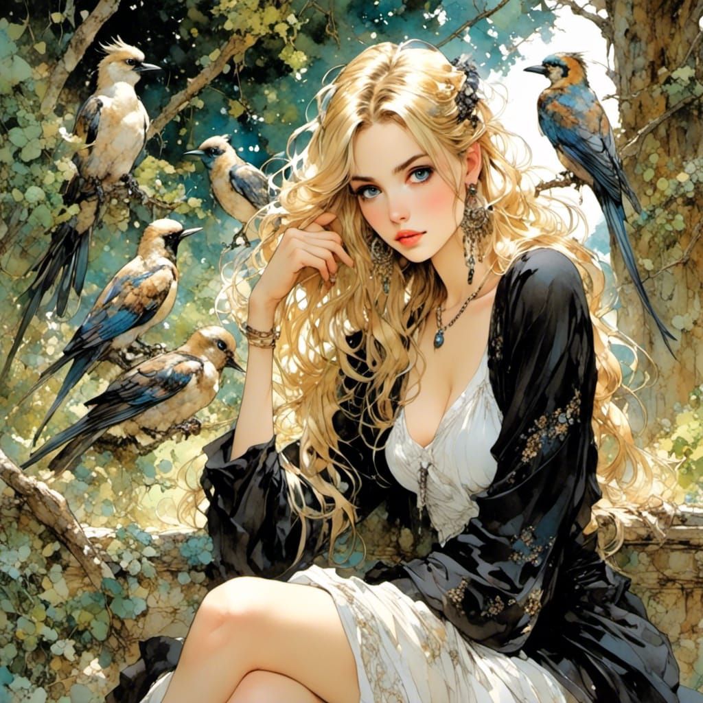 Anime Woman Watching Birds in Garden