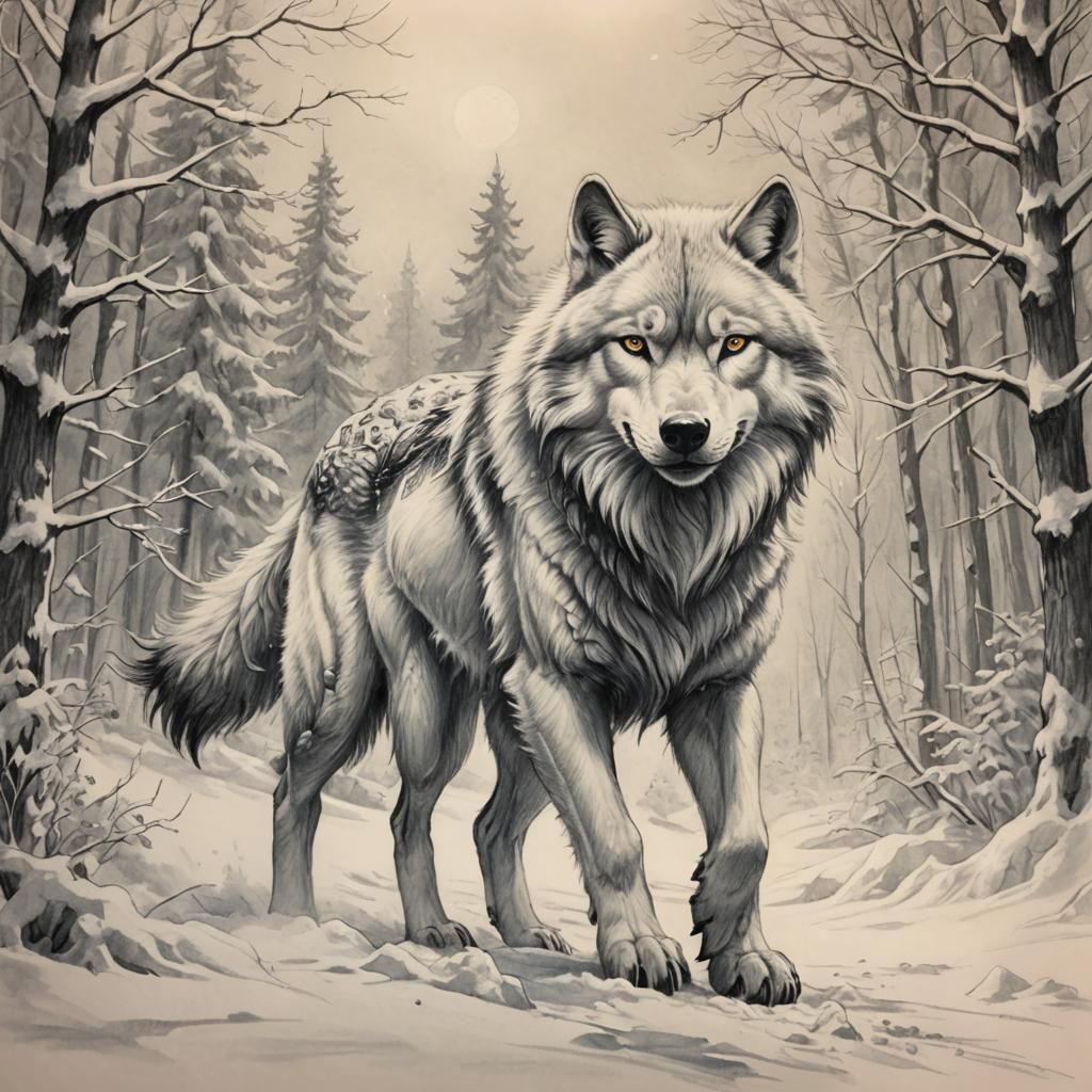 Detailed Pencil Sketch of Fantasy Snow Wolfen