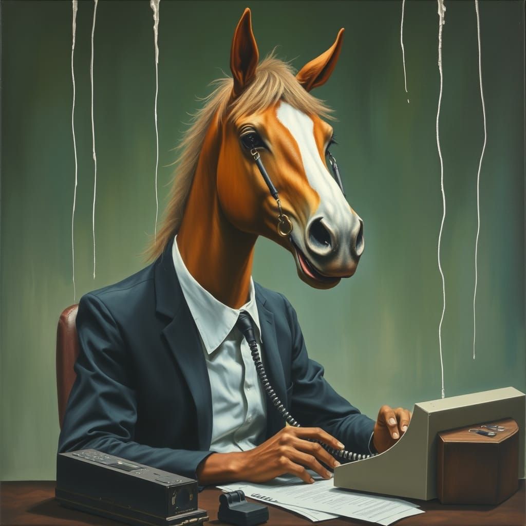 Surrealist Phone Operator with Equine Features Works in Whim...