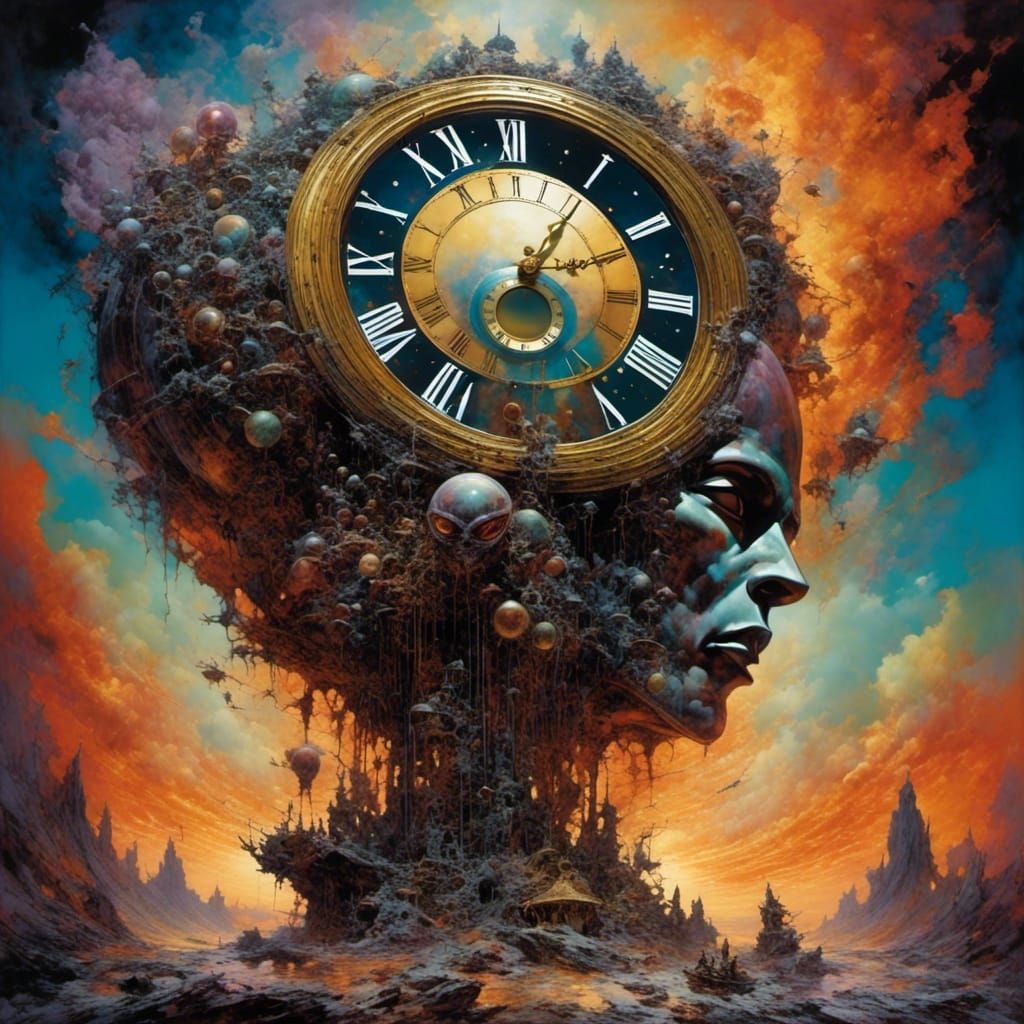 Psychedelic Dreamscape with Melted Clock and Abstract Shapes