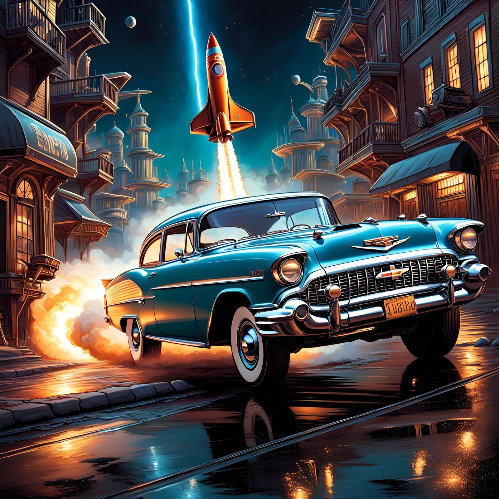 Retro Chevy Car with Rocket Propulsion, Comic Art