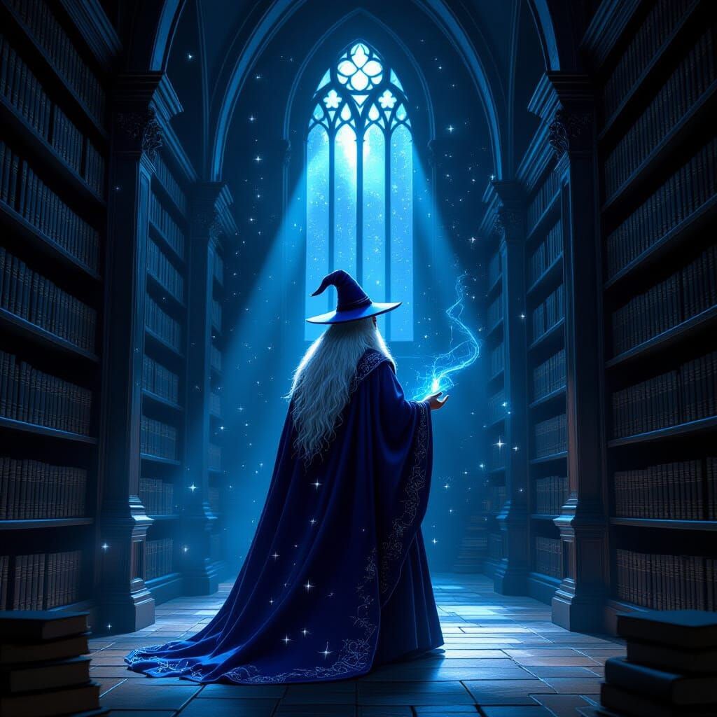 Wizard in Ancient Library, Mystical Realism Style