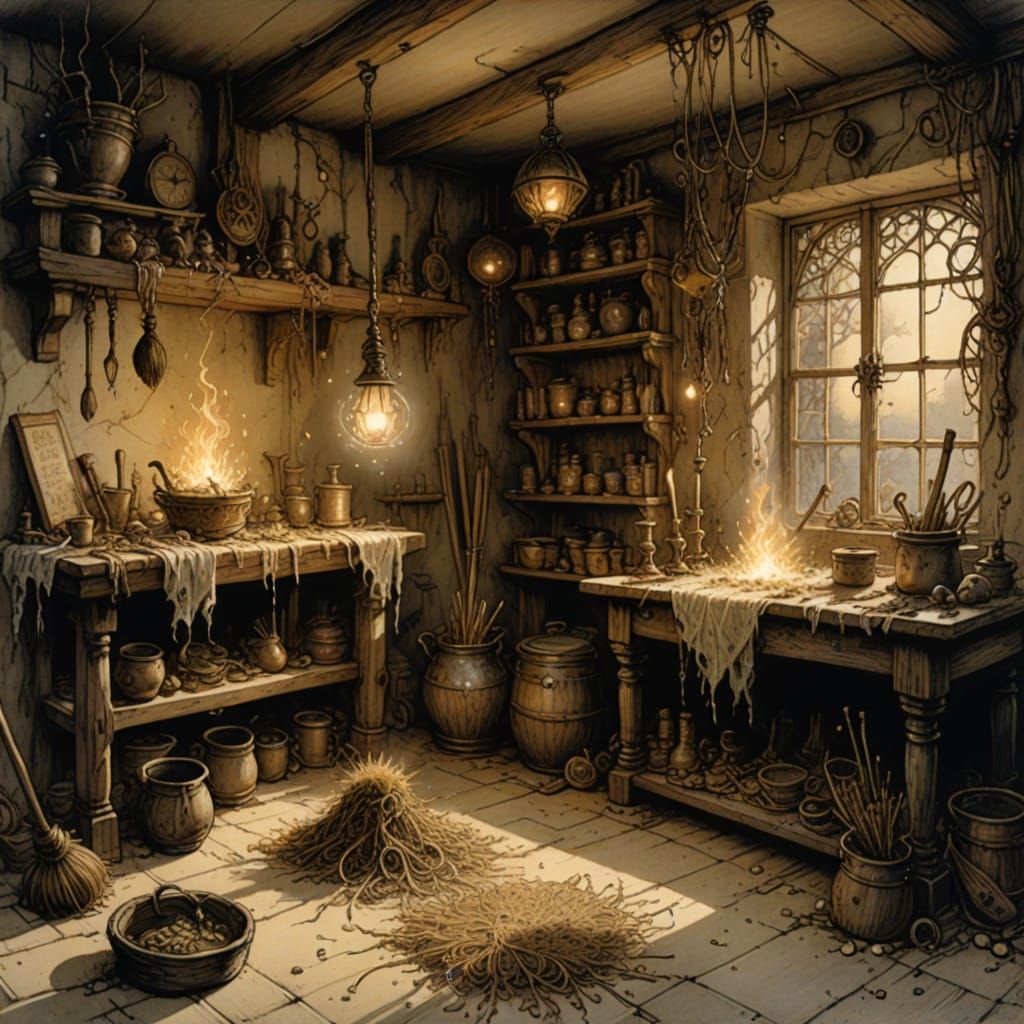 Enchanted Brooms Tidy Wizard's Workshop in Whimsical Style