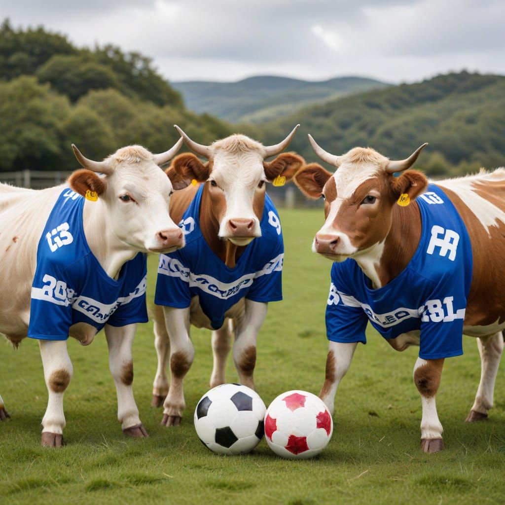 Jersey cows playing association football wearing football je...