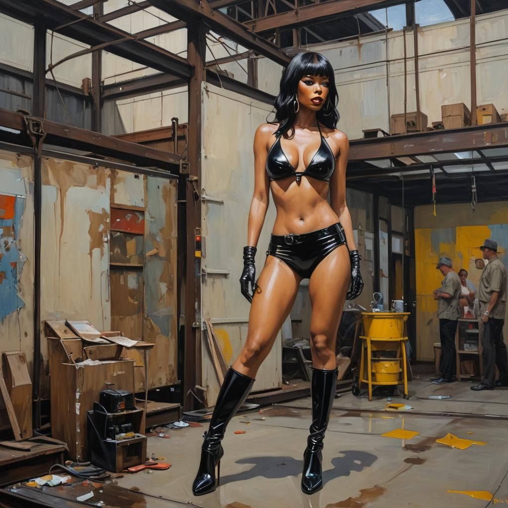 Latex bikini, ebony, high heels platforms