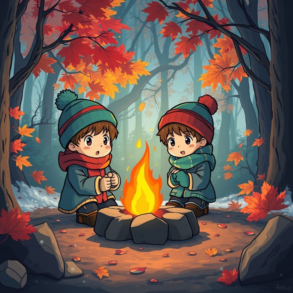 Children Warm Themselves by Bonfire, Anime Style