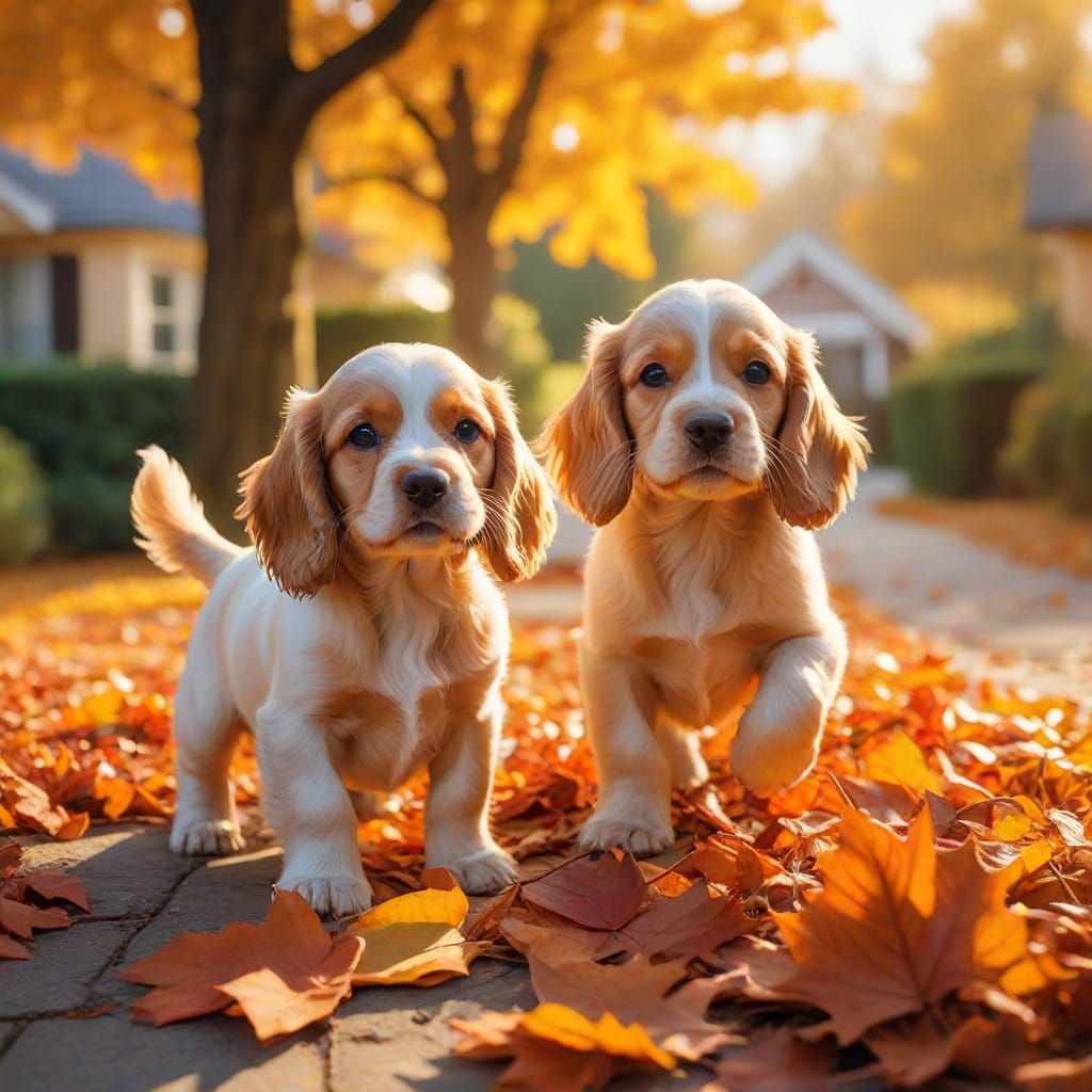 Adorable Cocker Spaniel Puppies Playing in Autumn Leaves