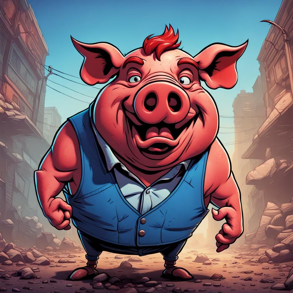 Filthy Ugly Red Pig in Comic Book Art Style