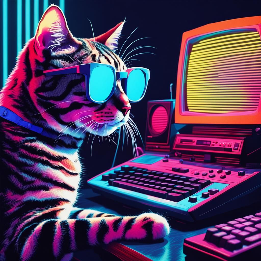 Synthwave Cat Hypnotized by PC in Retro Style