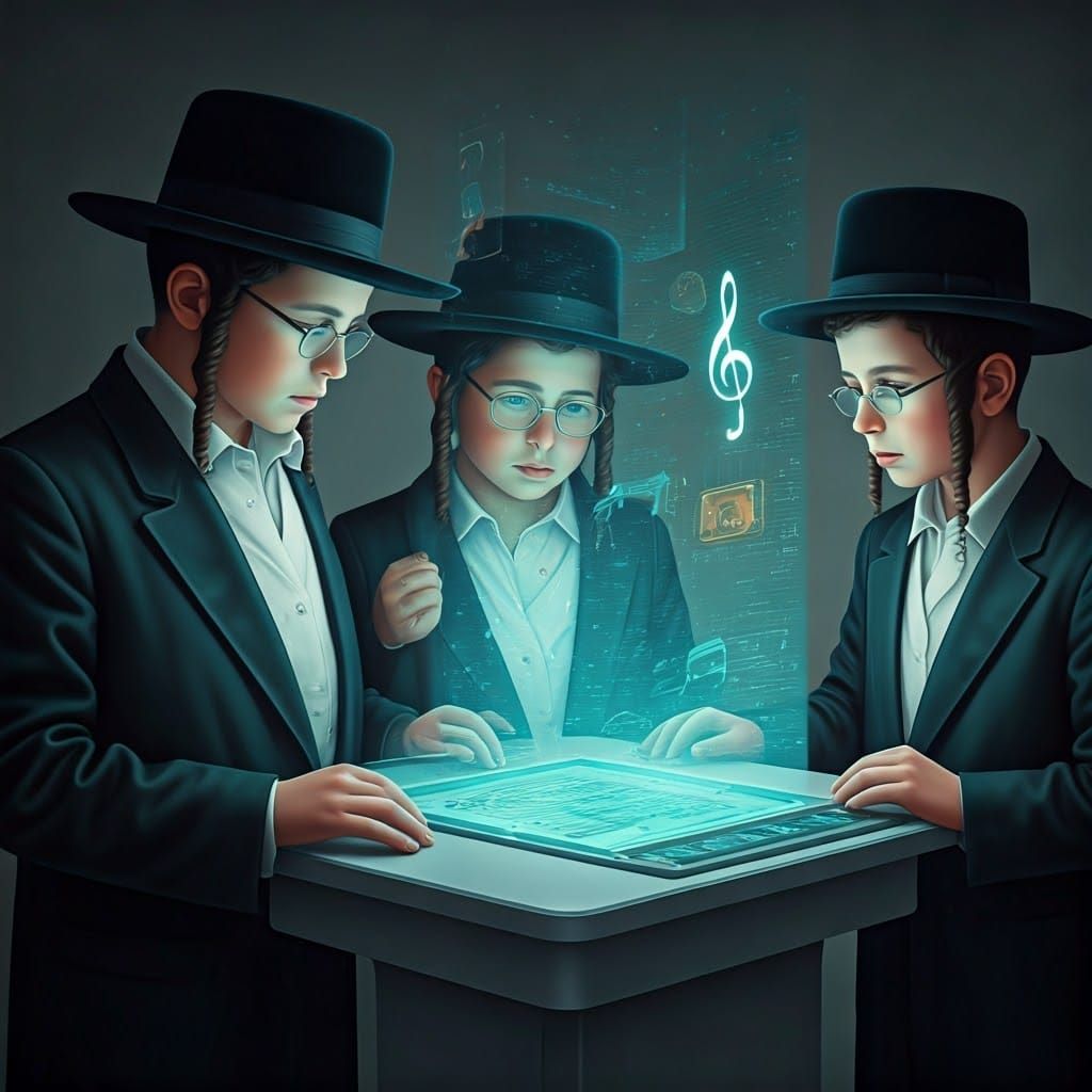 Haredi Boys Marvel at Holographic Music Display in Whimsical...