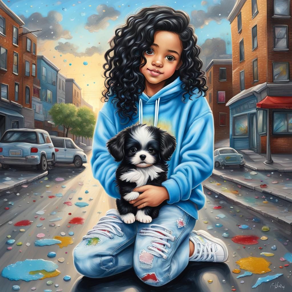 Latina Chibi Girl with Puppy in Glossy Digital Oil Painting