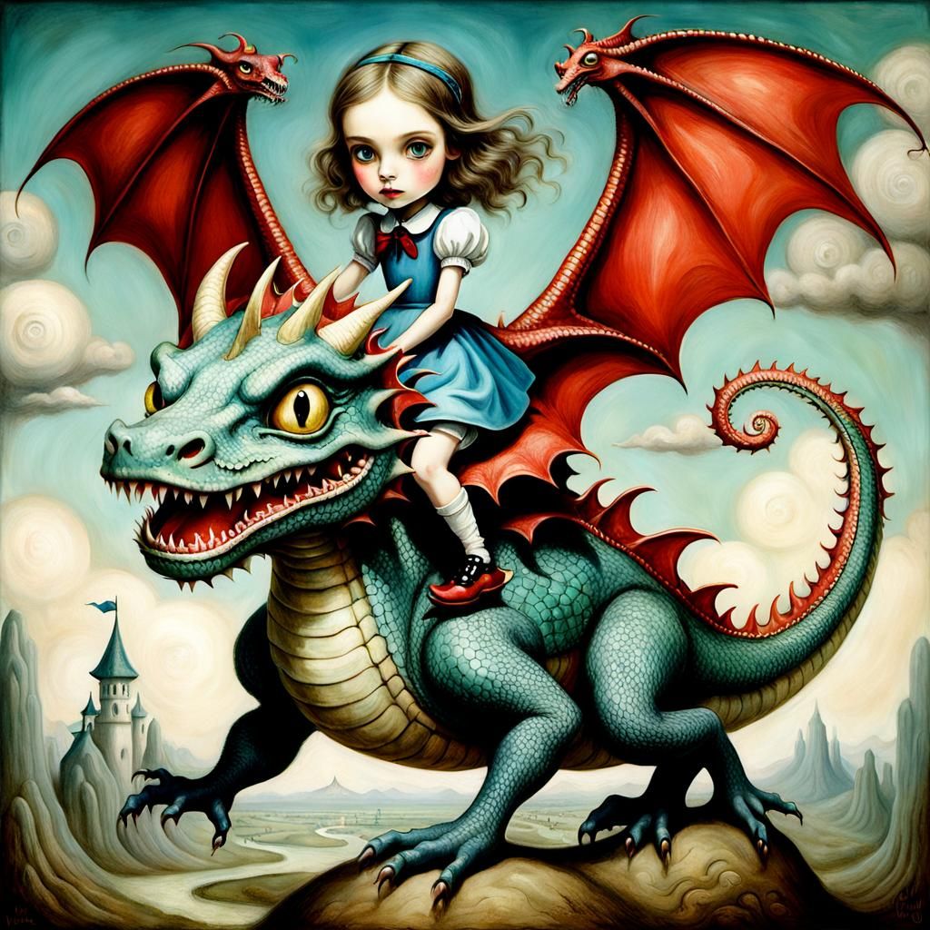 Girl Rides Dragon in Pop Surrealist Style