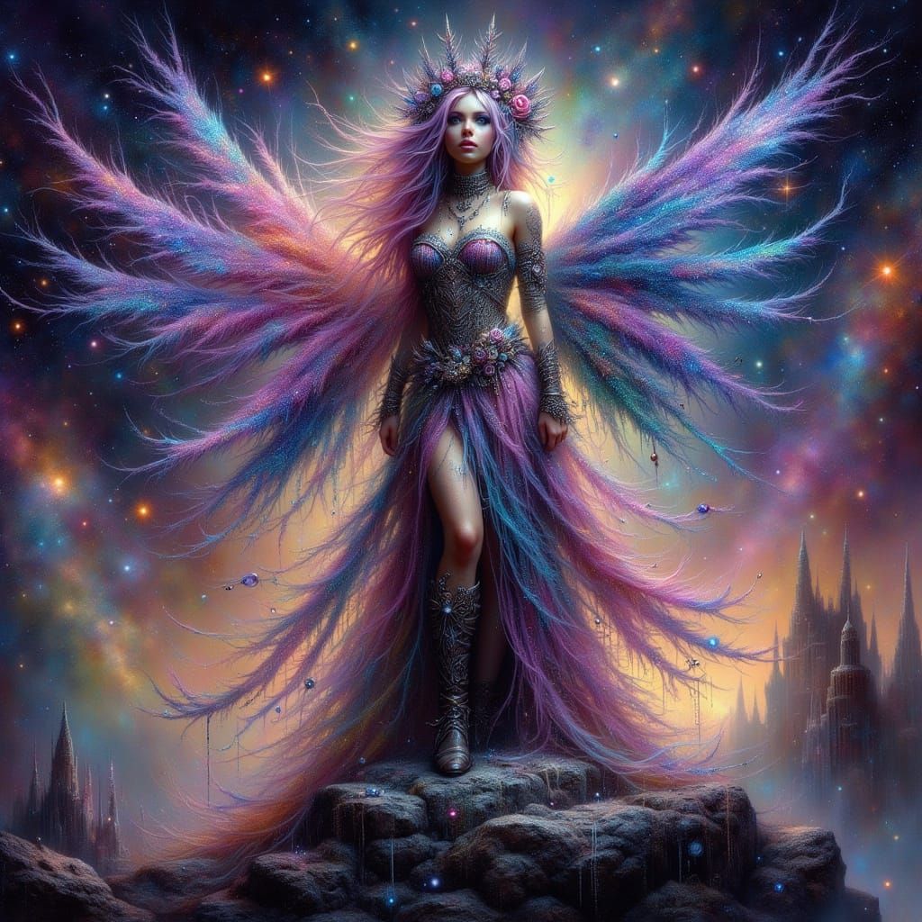 Celestial Goddess on Asteroid in Cosmic Art Style