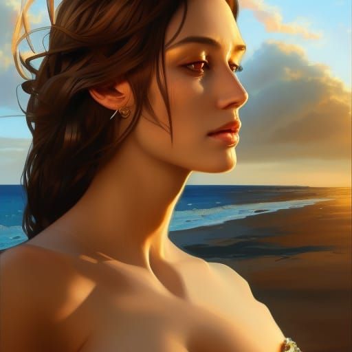 Sunset Beach Portrait of Beautiful Woman in Art Nouveau Styl...
