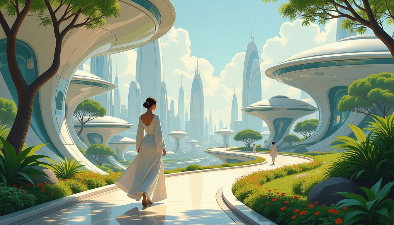 Utopian Frutiger Cityscape Inspired by Syd Mead