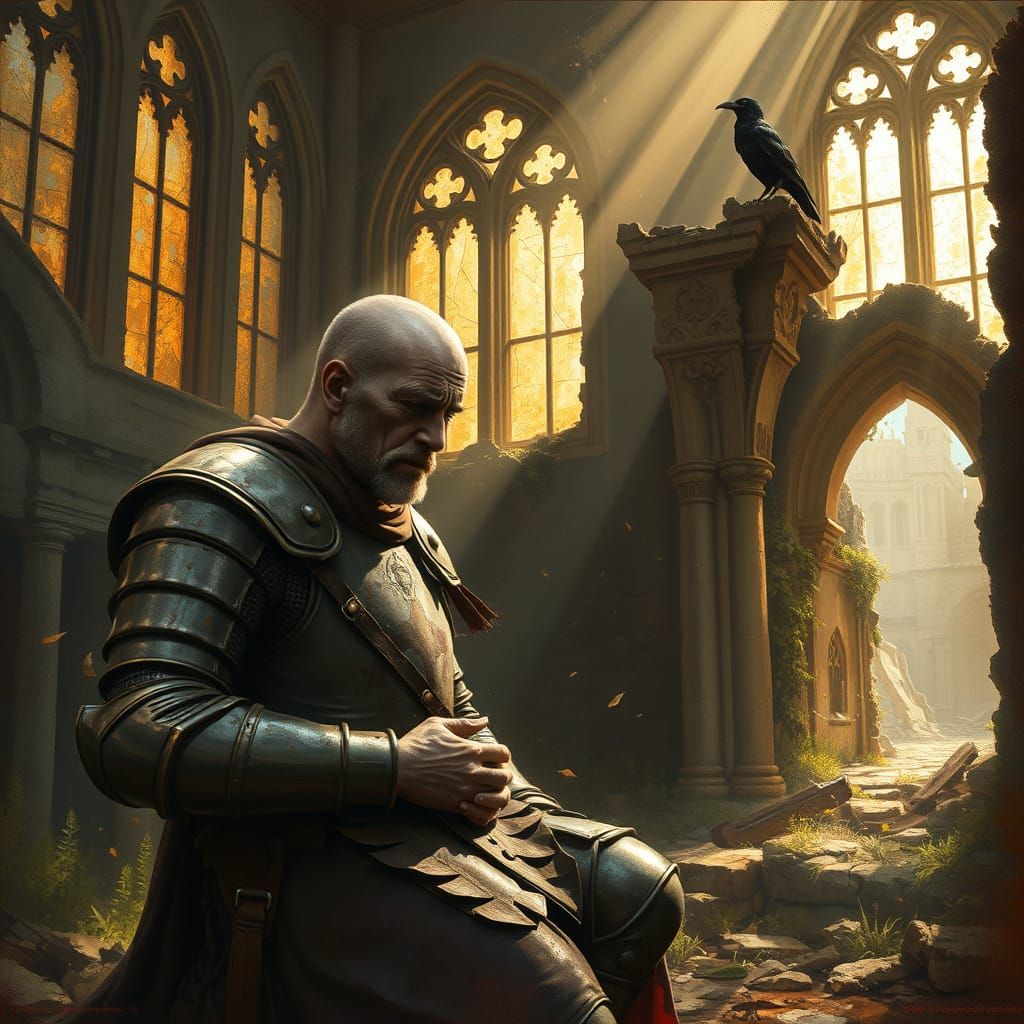 Weary Templar Knight in Ruined Cathedral as Painting