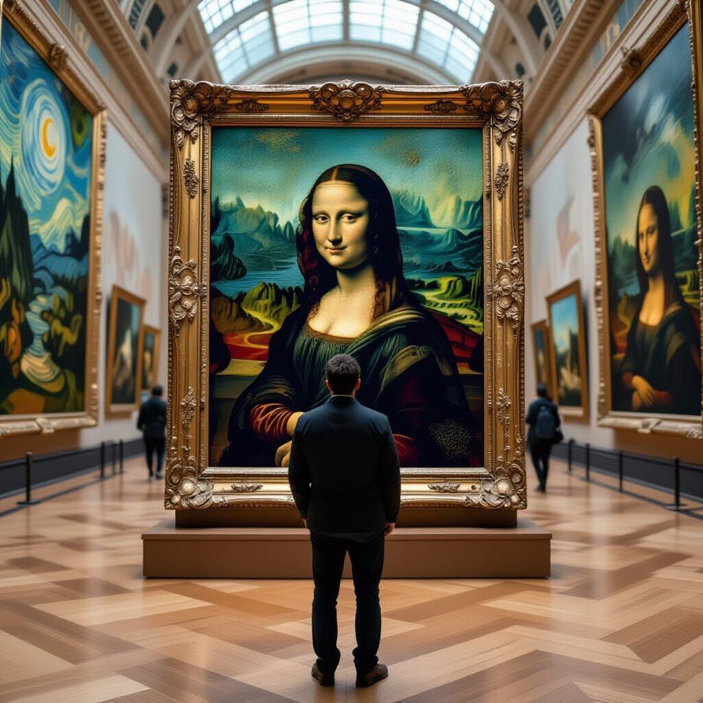 Man Views Mona Lisa in Van Gogh Style