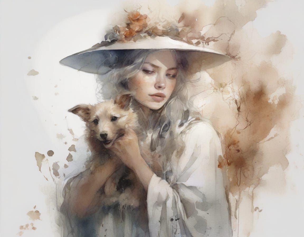 Gothic White Witch with Puppy in Ethereal Watercolor Style