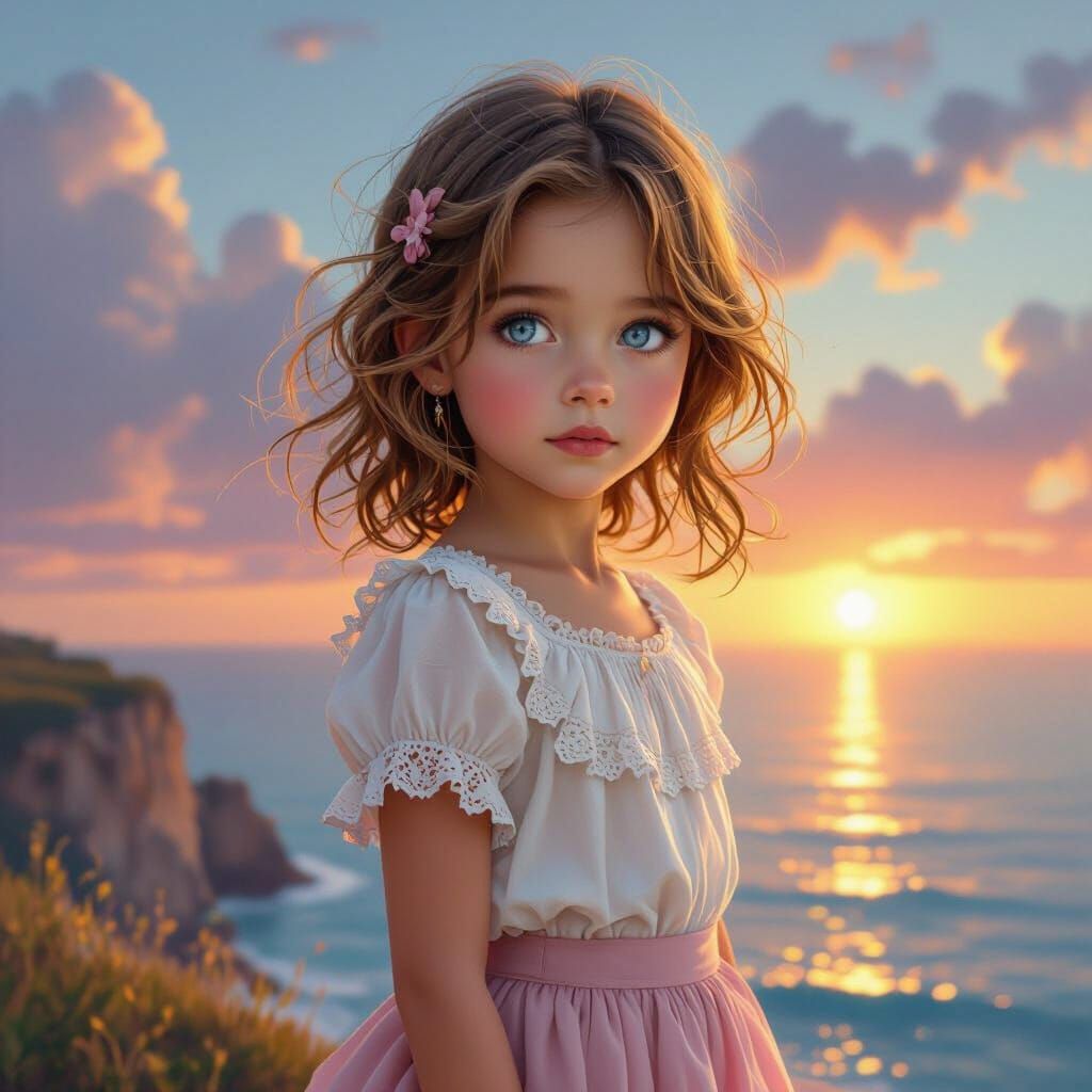 Girl on Cliff at Sunset, Matte Painting Style