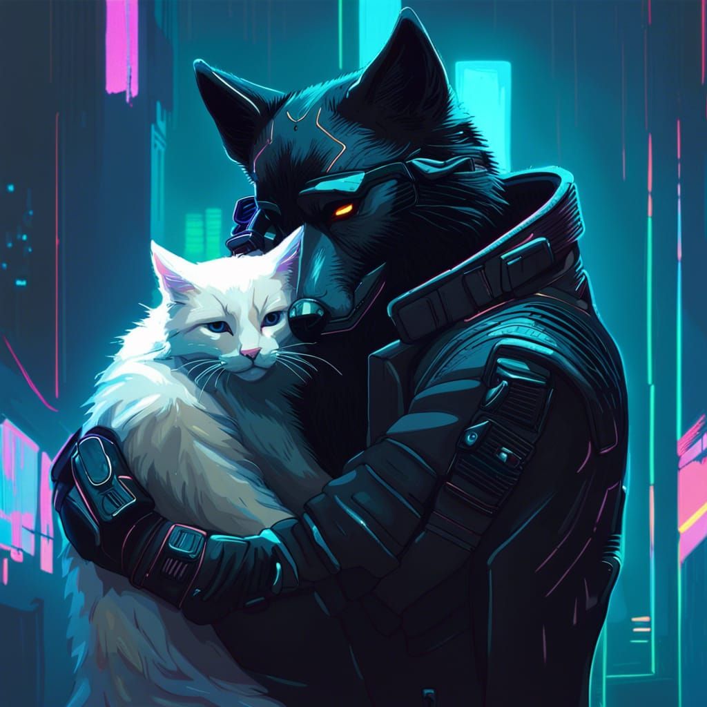 Black Wolf and White Cat: Cyberpunk Embrace