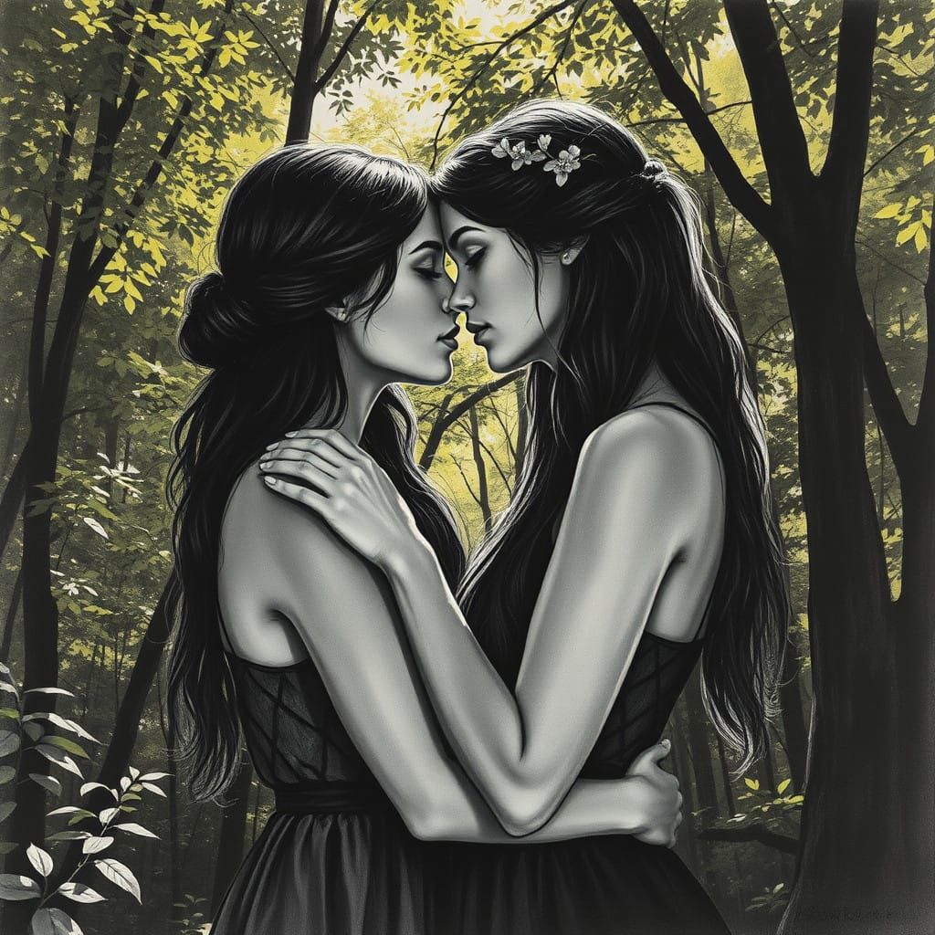 Women in Tender Forest Embrace, Charcoal Drawing Style