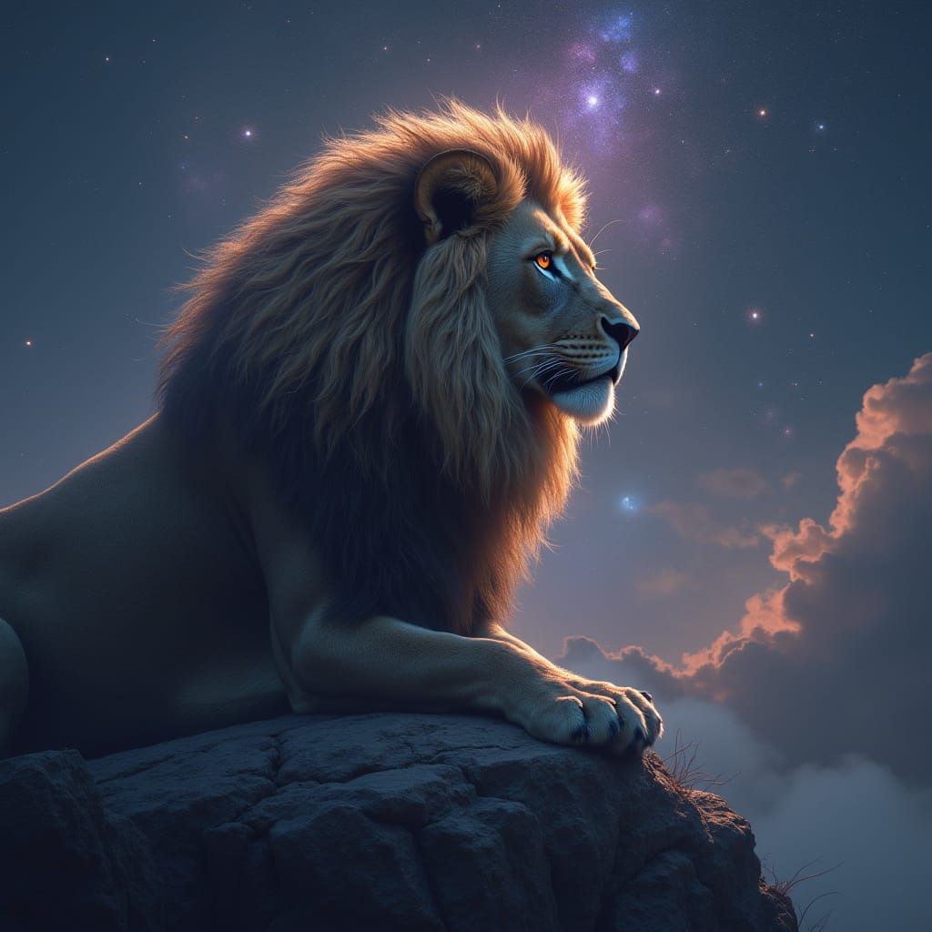 Lion with Starlight Mane Overlooking Nebula Sky