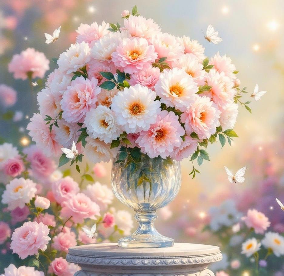 Pastel Watercolour Painting of a Vase with Carnations in a G...