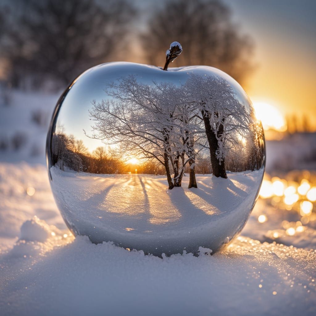 Winter Sunset Reflected in Polished Chrome Apple