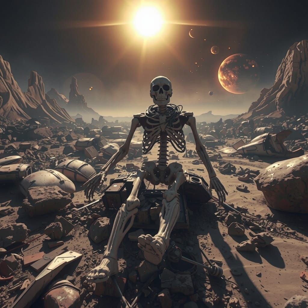 Skeleton Drifting Through Space Debris Field