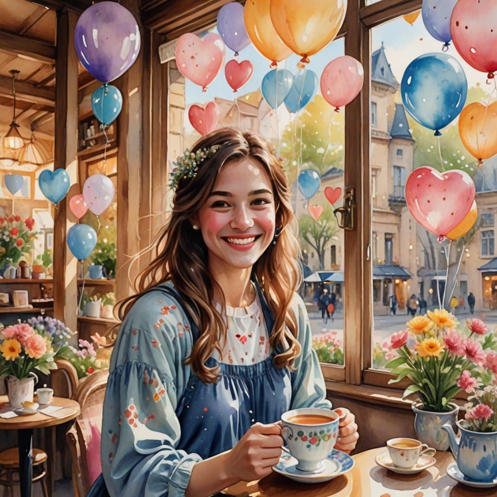 Whimsical Watercolor Tea Shop Scene with Flowers and Hearts