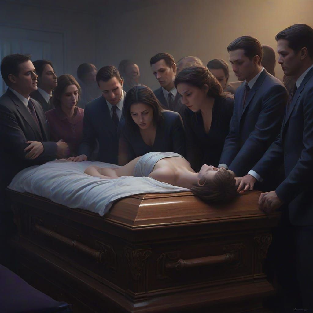 Grief and Love: A Memorial Scene of a Woman in Casket