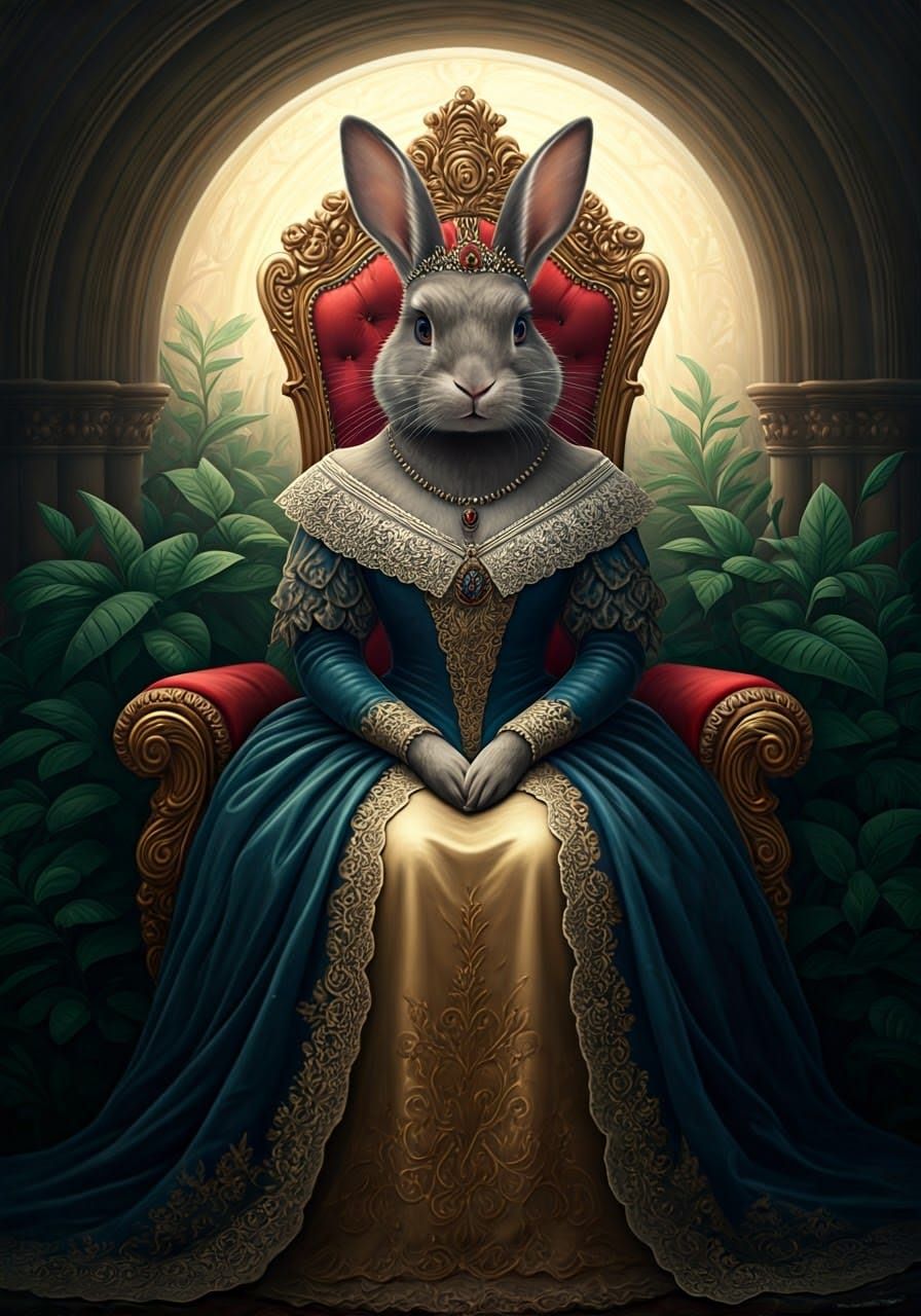 Victorian Rabbit Queen on Golden Throne