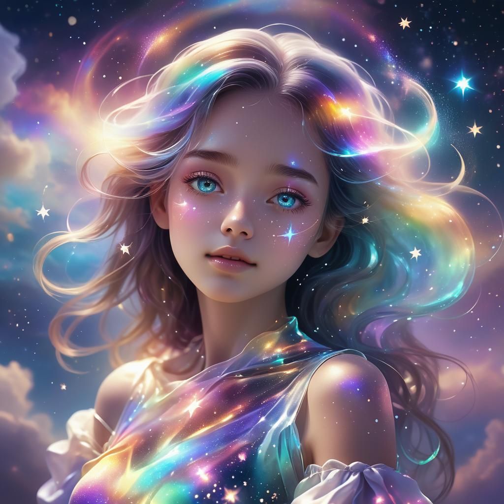 Ethereal Girl of Stars Embraces Earth: Cosmic Digital Art
