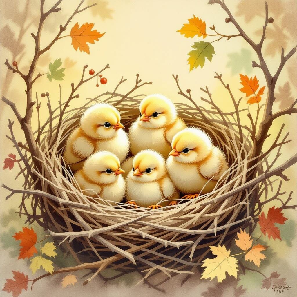 Whimsical Bird Nest with Adorable Chicks