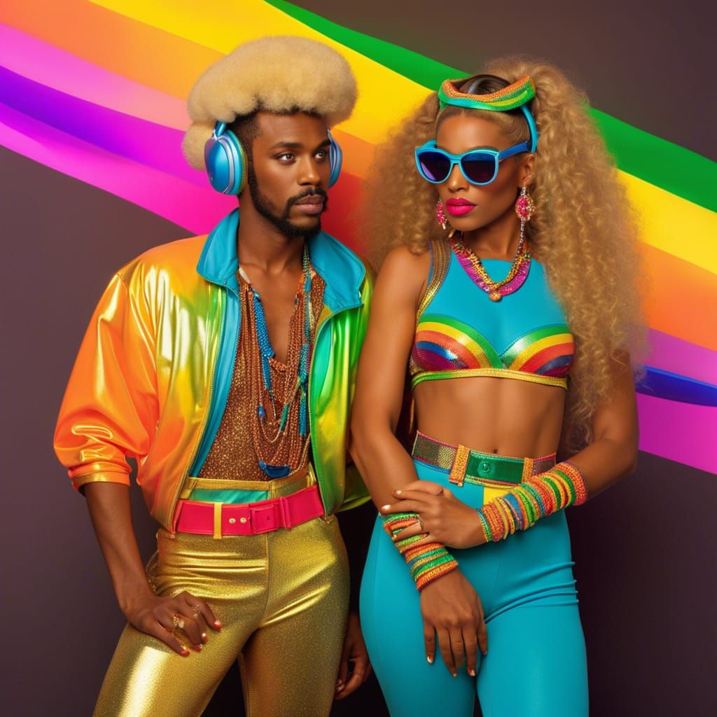 Retro 80s Couple in Rainbow Jumpsuits on Roller Skates