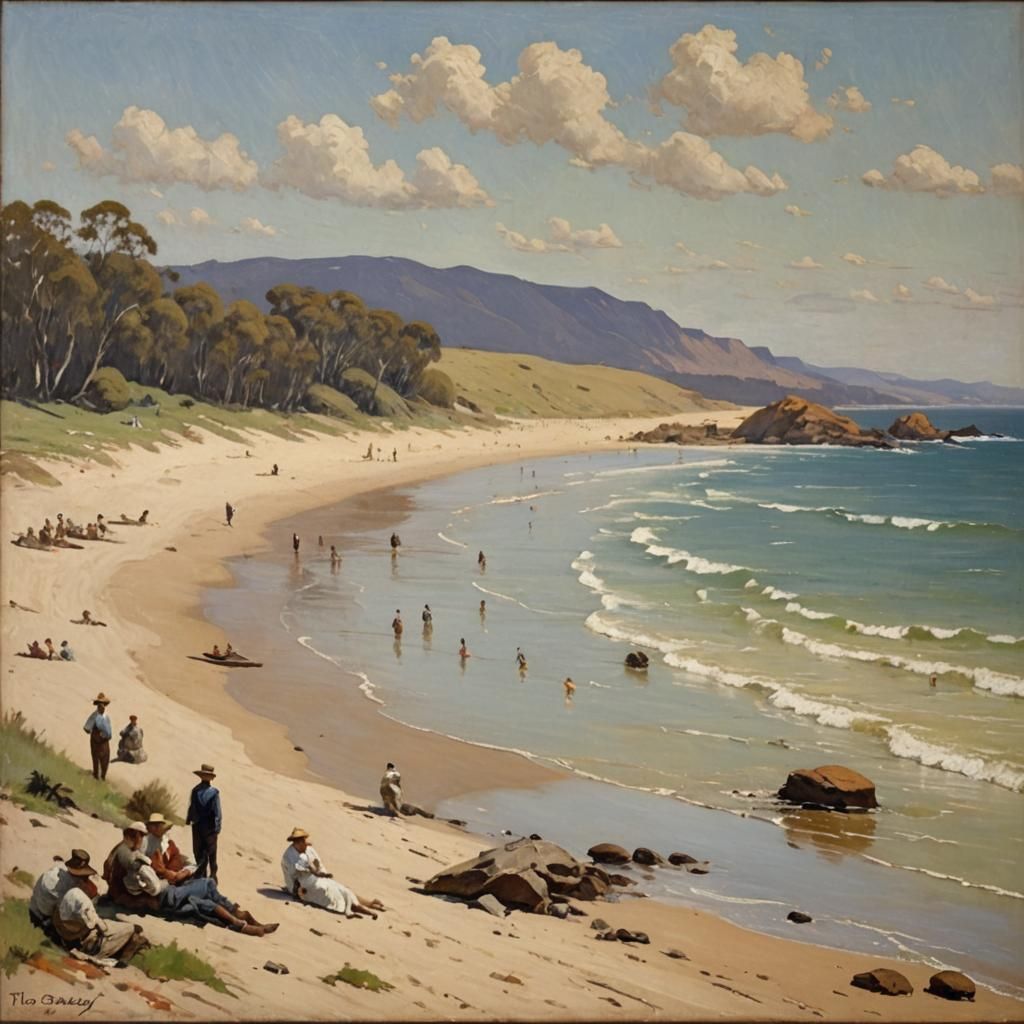 Australian Beach Scene in Impressionist Style