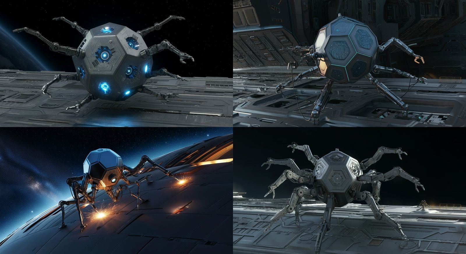 Dodecahedron Robot Repairs Spaceship Exterior