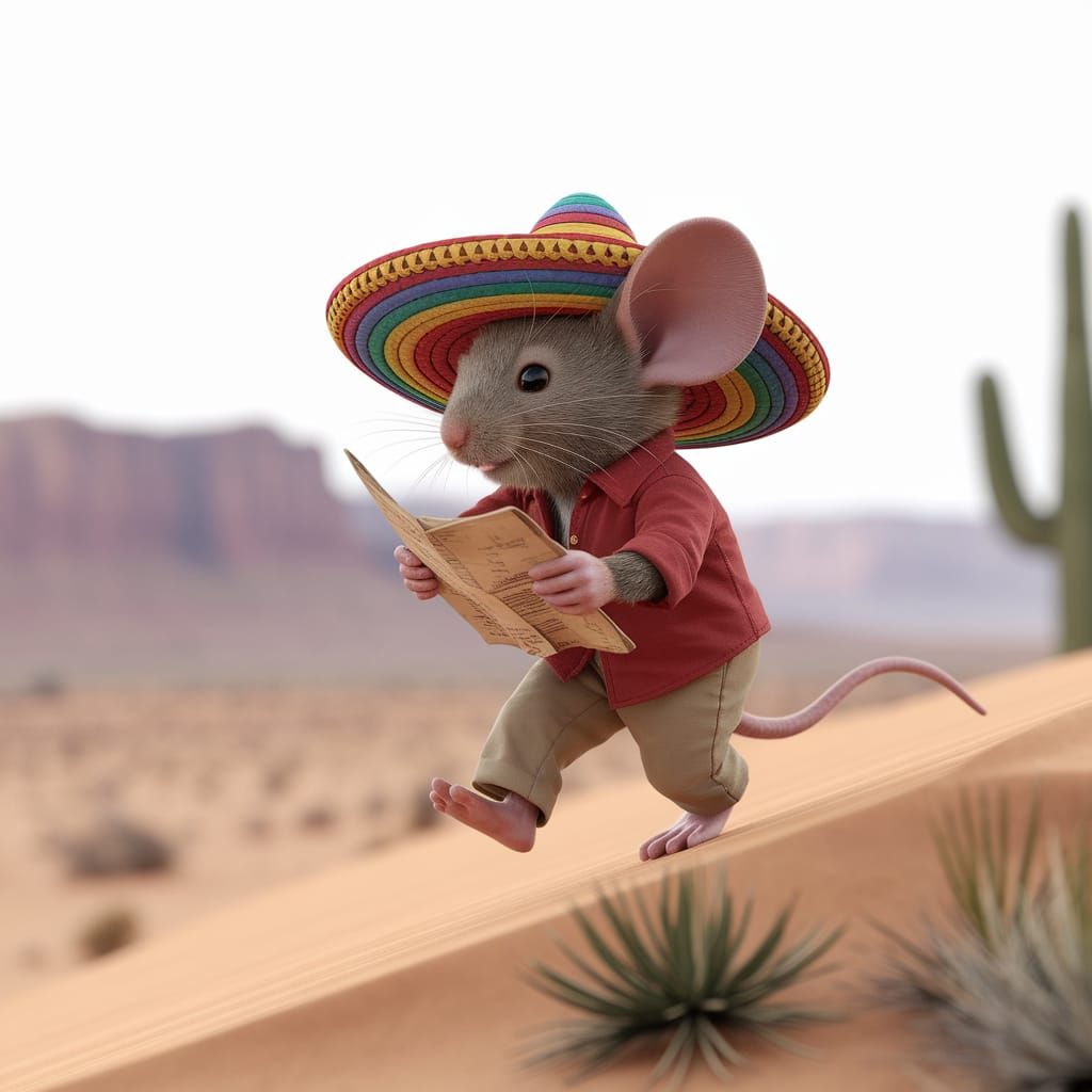 Mouse Adventurer in Desert Landscape, Whimsical Illustration