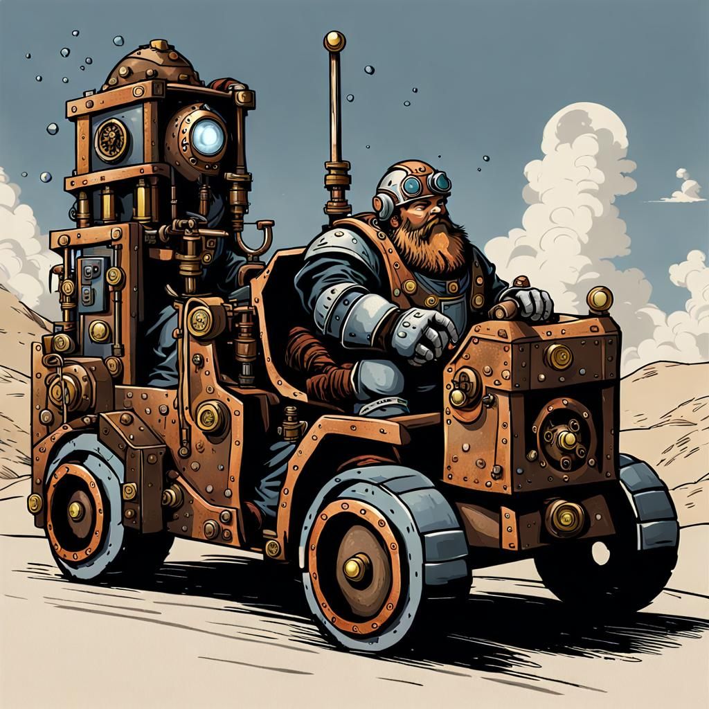 Dwarf in Power Armour Driving Steampunk Forklift