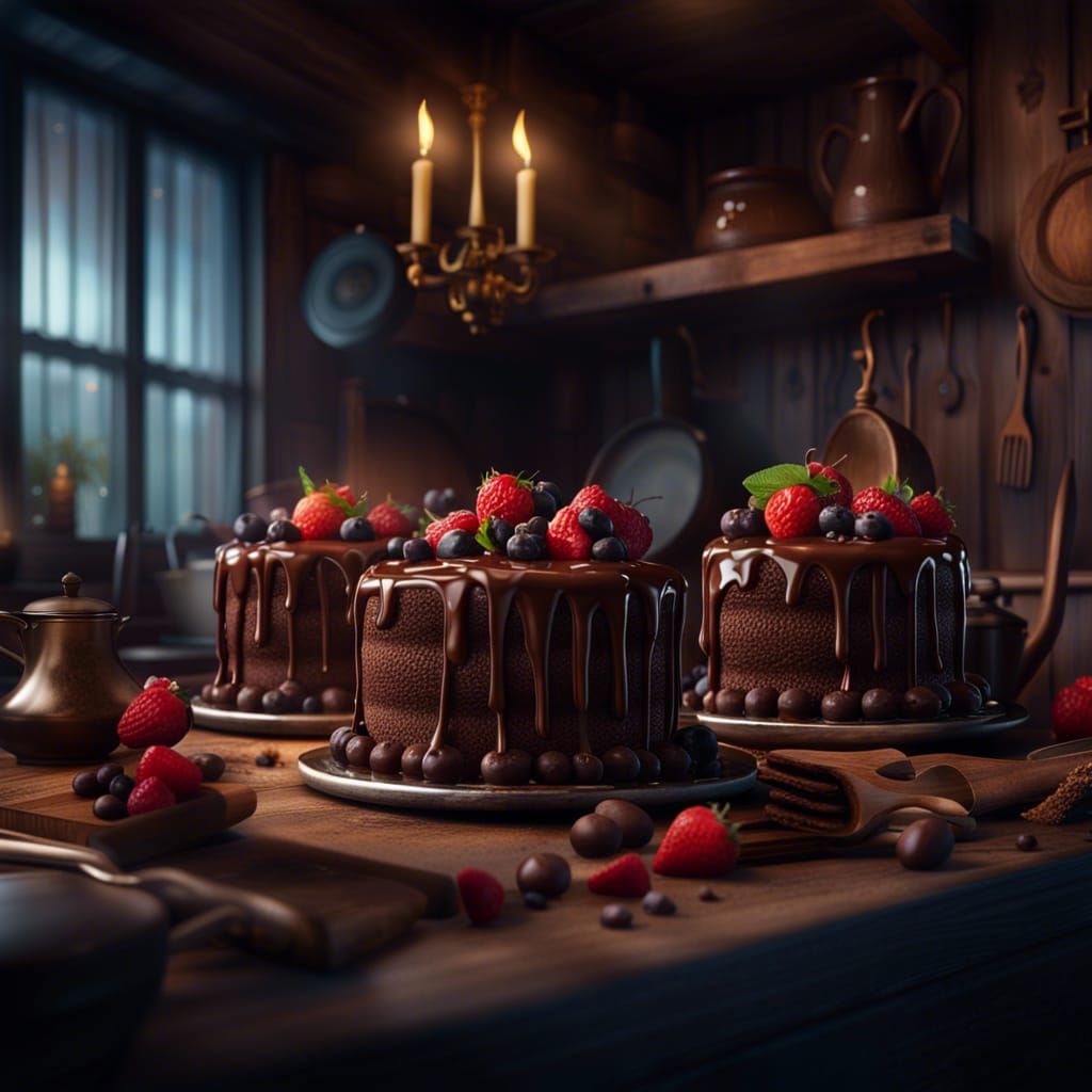 Hyperrealistic Chocolate Cakes in Cozy Kitchen