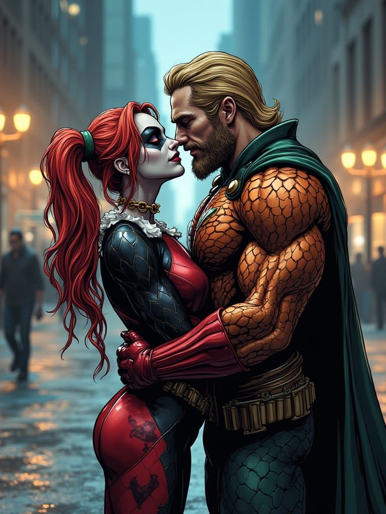 Comic Book Style Harley Quinn Kissing Aquaman in Gotham City