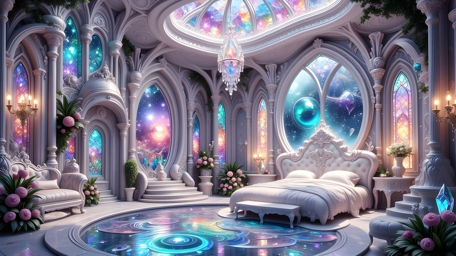 Ethereal Crystal Mansion Bedroom in Pastel Hues